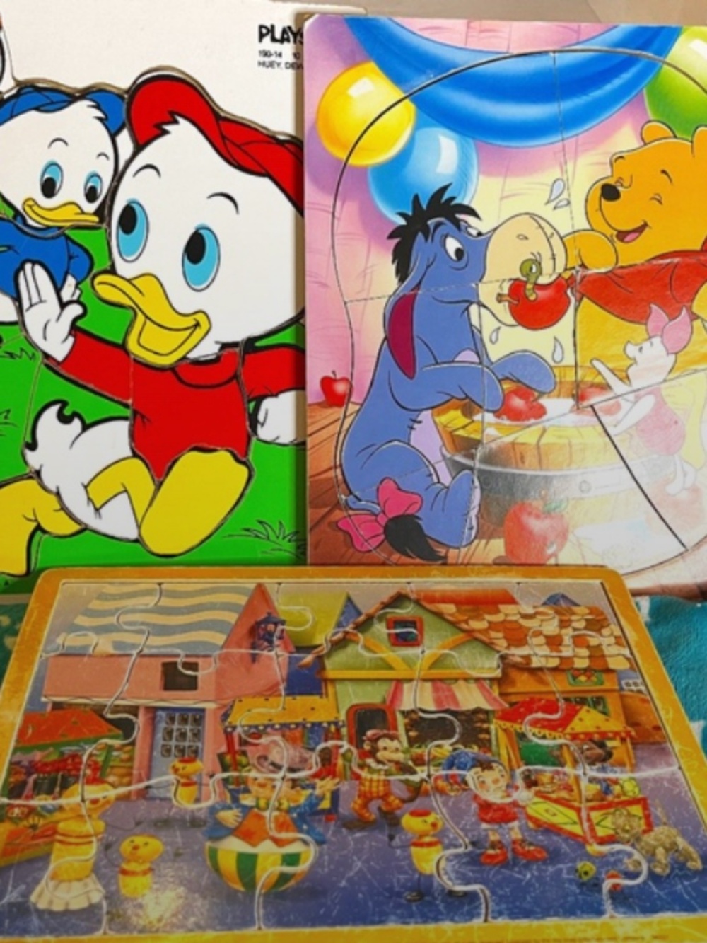 Vtg Wooden Inlay Puzzles Playskool Pooh,Eeyore,Piglet/Noddy/Huey,Dewey/Louie USA